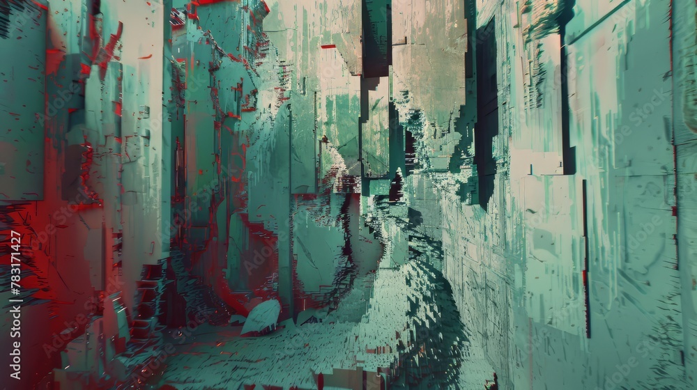 Poster glitch art 3d render with fragmented surfaces and glitchy textures