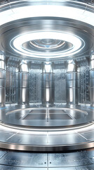 Futuristic silver circular stage with sci-fi elements, empty podium for product display or presentation background. 9:16