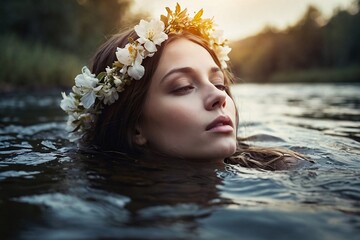 A young woman in the river with a crown of flowers on her head.