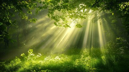 Fototapeta na wymiar A bright sunny day in a lush green forest with sunlight shining through the trees. The scene is peaceful and serene, with the sunlight creating a warm and inviting atmosphere
