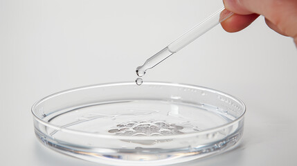 person's hand holds a pastor's pipette with falling drop above a petri dish, all on a white background