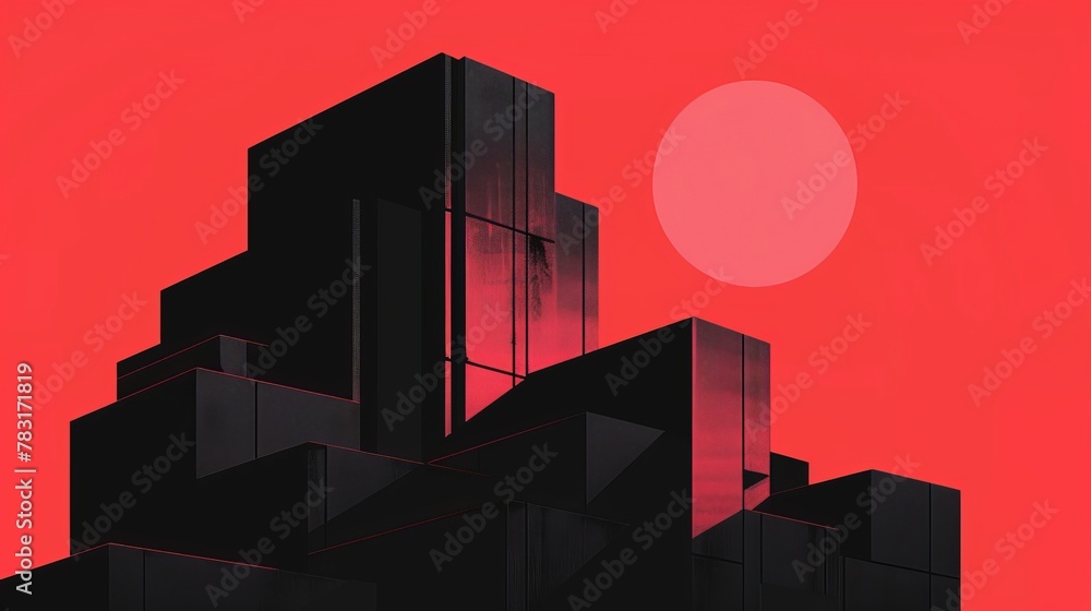 Poster graphic illustration depicting the imposing presence and angular design of a neo brutalist structure