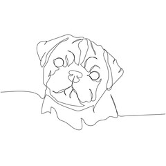 Pug dog, an ancient Chinese breed one line art. Continuous line drawing of friend, dog, doggy, friendship, care, pet, animal, family, canine.