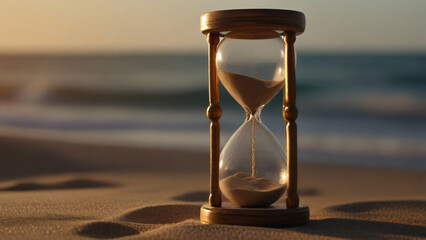 Hourglass on Desert Background, Sandglass, Clock Image, Sand flowing - obrazy, fototapety, plakaty