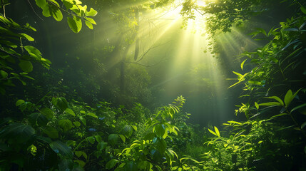 A bright sunny day in a lush green forest with sunlight shining through the trees. The scene is peaceful and serene, with the sunlight creating a warm and inviting atmosphere