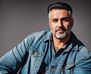 Fototapeta premium A man wearing a denim jacket and jeans, with a serious expression on his face.