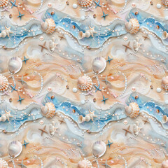 Marine seamless pattern with colorful seashells, starfish and pearls on a sandy background.