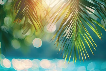 Blur beautiful nature green palm leaf on tropical beach with bokeh sun light wave abstract background. Copy space of summer vacation and business travel concept - generative ai - obrazy, fototapety, plakaty