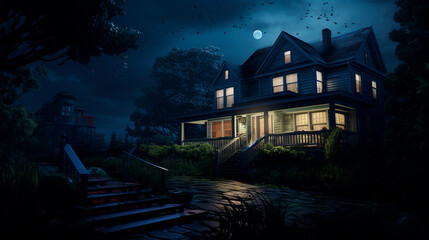 halloween house with pumpkins in forest, spooky horror concept, spooky spooky halloween concept.