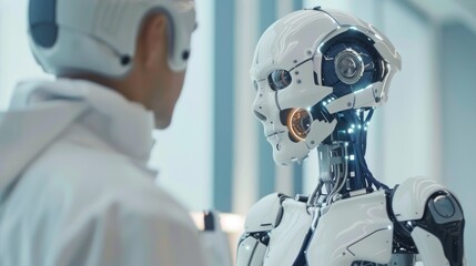 Naklejka premium Man Standing Beside Robot in Room