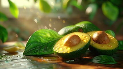 Food Photography of Avocado, Luscious Green Avocado Halved with Golden Seed.