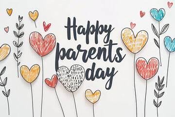 Greeting card, banner or poster for happy Parents day with text inscription. Calligraphy text with hearts on white background. Brush lettering - Powered by Adobe