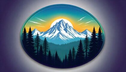 Round emblem with forest trees and mountains silhouette
