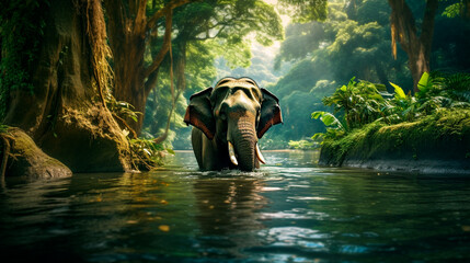 elephant in the forest in the morning at thailand - obrazy, fototapety, plakaty
