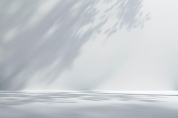 Minimal abstract background, light and shadow of tree leaves. Cosmetic product presentation. Premium podium. Pastel soft gray wall, white table. Showcase display case. Front view. Mockup ad. Concrete