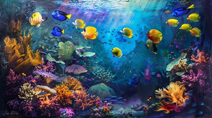 Fototapeta na wymiar Lively and colorful underwater scene with tropical fish
