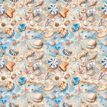 Marine seamless pattern with colorful seashells, starfish and seahorse on a sandy background.