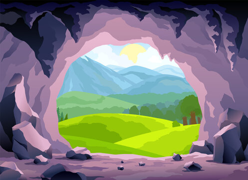 Cave landscape. Summer nature scene of cave entrance. Prehistoric dungeon, rock cavern game illustration.  illustration of tunnel in mountain or mine in rocks