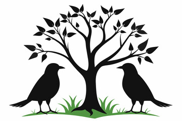 Two bird on a tree black silhouette vector white background