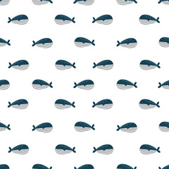 Whale dynamic seamless pattern, underwater animal on a white background