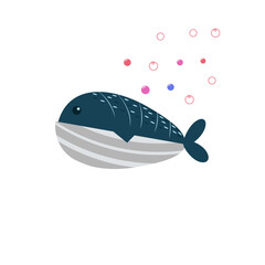Cute whale with bubble, isolated on a white background