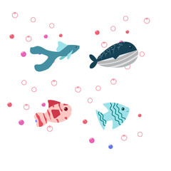 Set of underwater animals, fishes with bubbles on a white background