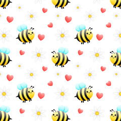 Bees, flowers and hearts repeating pattern