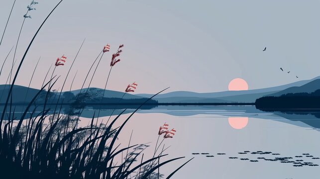 Minimalist  illustration of a tranquil lake scene at dawn