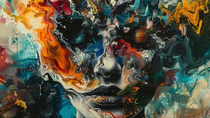 surreal portrait of a person with features melting into abstract shapes and colors 
