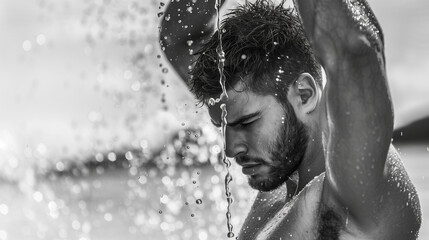 Fototapeta na wymiar Black and white photograph of handsome young muscular man standing underneath shower
