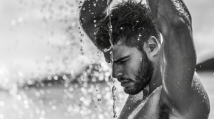 Fototapeta premium Black and white photograph of handsome young muscular man standing underneath shower