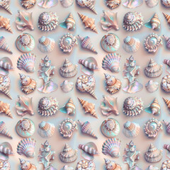 Marine seamless pattern with colorful seashells on a sandy background.