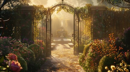 A magical garden hidden behind a wrought iron gate, with winding paths lined with blooming flowers, whimsical topiaries, and trickling fountains, all bathed in the golden light of dawn.

