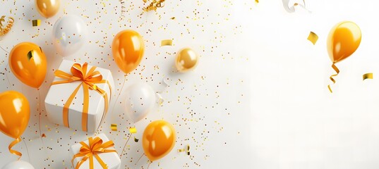 Orange  and white balloons and gift boxes and confetti on a white background. Banner for birthday, holiday, celebration. Banner with space for your text.