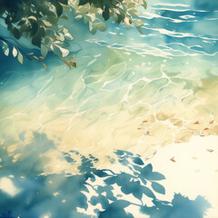 Fototapeta na wymiar Tranquil Water Surface, Watercolor Illustration, Sun-Dappled Riverbank