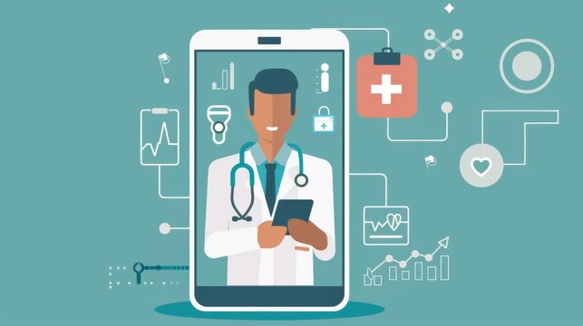Doctor on Cell Phone Surrounded by Medical Icons