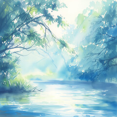 Serene River Canopy, Watercolor Illustration, Tranquil Woodland Waterscape