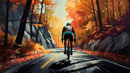 Male race cyclist driving on the autumn forest road. Cyclist riding in the autumn forest