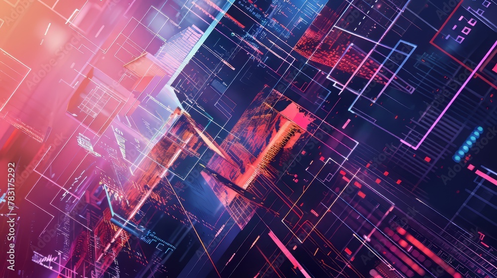 Aufkleber tech inspired geometric grid layout with digital overlays and futuristic elements