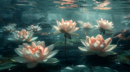 Tranquil Underwater Oasis of Floating Lotuses, generative ai - obrazy, fototapety, plakaty