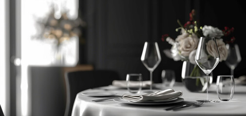 Fine dining table setting of luxury fancy restaurant menu invitation card mockup for weddings and romantic eating event decoration as wide banner with empty black copy space