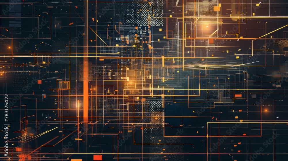 Poster tech inspired geometric grid layout with metallic textures and digital effects