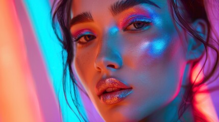 beautiful woman made up with professional neon concept in high resolution and high quality. real makeup concept