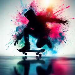 silhouette of skater skating  with colorful splashing paint	 - 783175435