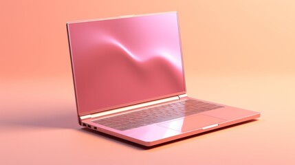 A laptop is shown on a pale pink background. Mockup of pink laptop isolated on peach background