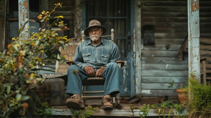 Southern Charm: Portrait of an Elderly Man on a Rustic Porch, generative ai