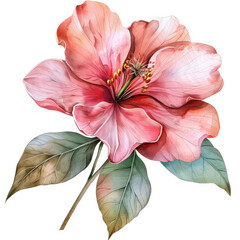This illustration beautifully captures a vibrant orange hibiscus, featuring intricate petals and leaves rendered with watercolor.