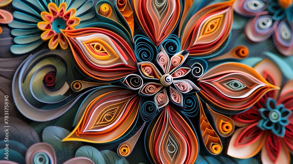 Poster vibrant paper quilling design showcasing intricate patterns and shapes