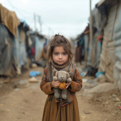 
"Sweet Moments in Poverty: Girl with Teddy bear in Hand"