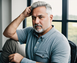 Obraz premium A man sitting on a chair with his hands on his knees, looking down.